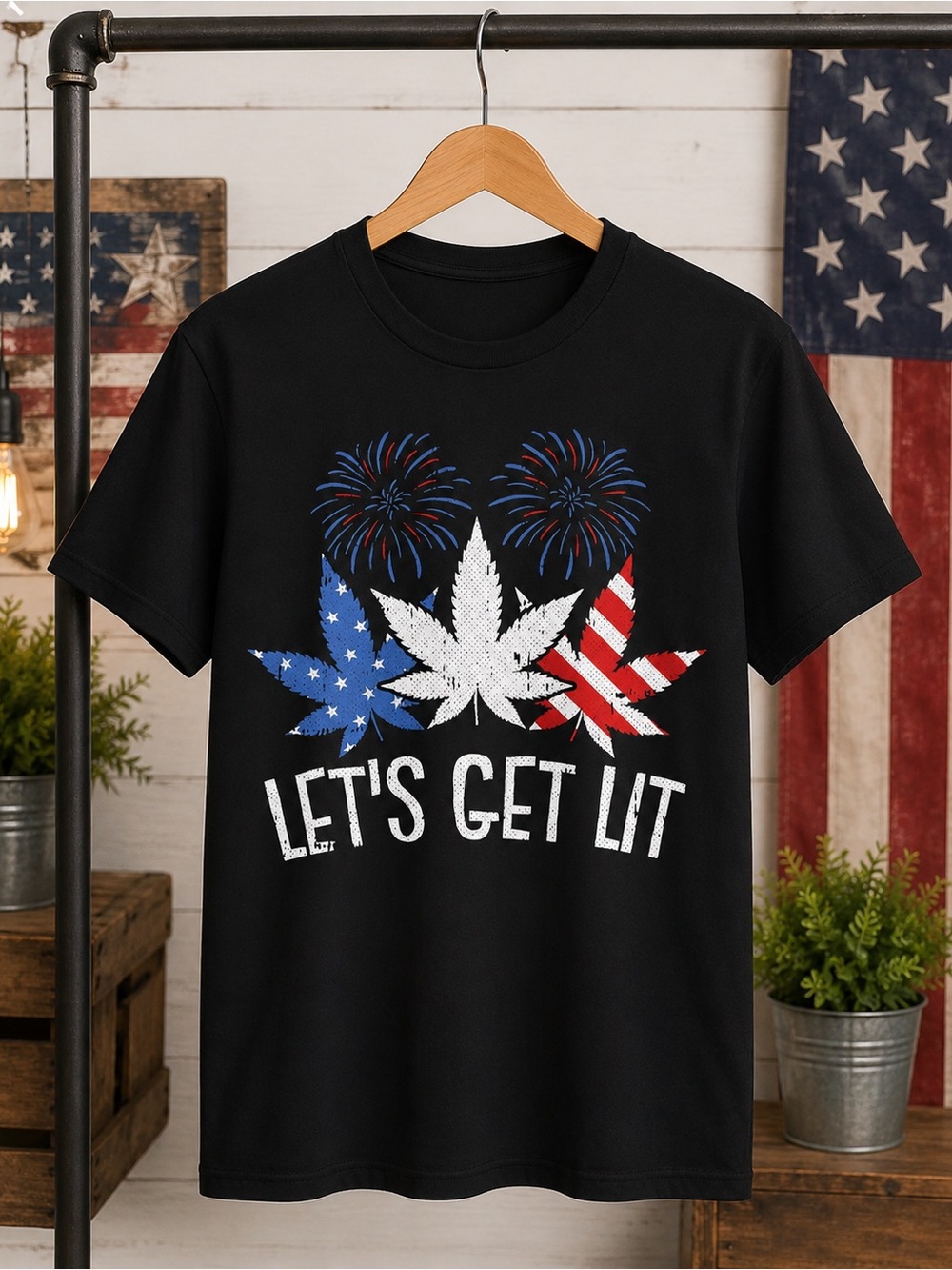 Lets Get Lit Patriotic Leaf Graphic Tee - Black